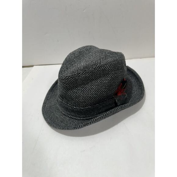 Capas Headwear Tweed Black White Gray Godfather Hat 7 1/8 Red Feather Gorgeous - Picture 2 of 11